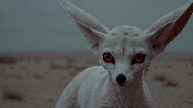 Rare white fennec fox wandering across sandy desert terrain, displaying oversized ears and engaging direct eye contact while traversing arid landscape