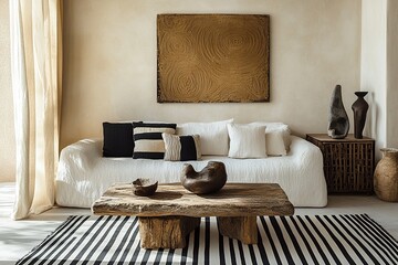 living room interior with fireplace ,A minimalist setting and white vases, set against an abstract beige wall with a textured pattern