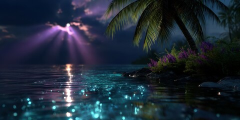Serene tropical landscape under moonlight with shimmering water and palm trees at night