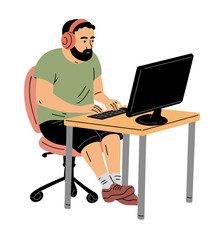 Young man sitting at the computer. Listening to music in headphones. Office or remote work. Gamer, programmer and IT specialist. Vector illustration isolated on white background