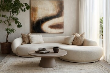 living room interior with sofa ,A minimalist setting and white vases, set against an abstract beige wall with a textured pattern