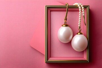 Elegant Jewelry Display with Pearls on Pink Background and Frame