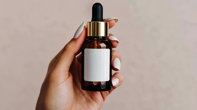 Dark amber glass bottle in female hand. Natural skin care SPA beauty product design. Mineral organic cosmetics. Beige background. Blank Label Mock-Up. Oily pipette. Face body care. Empty sticker tag