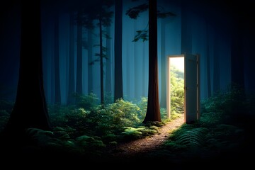 Enchanted Forest with Open Door and Mystical Light in Nature