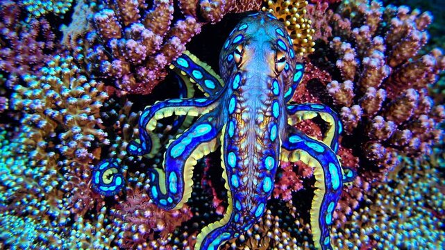 Blue-ringed octopus exhibiting vibrant warning coloration, revealing iridescent blue rings across body and tentacles while resting on intricate coral reef environment