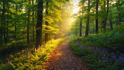 Obraz premium Path through woods at sunrise with mist and golden light creating magical atmosphere.