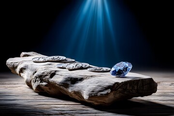 Illuminated Gemstone and Coins on Rustic Wood with Spotlight Effect