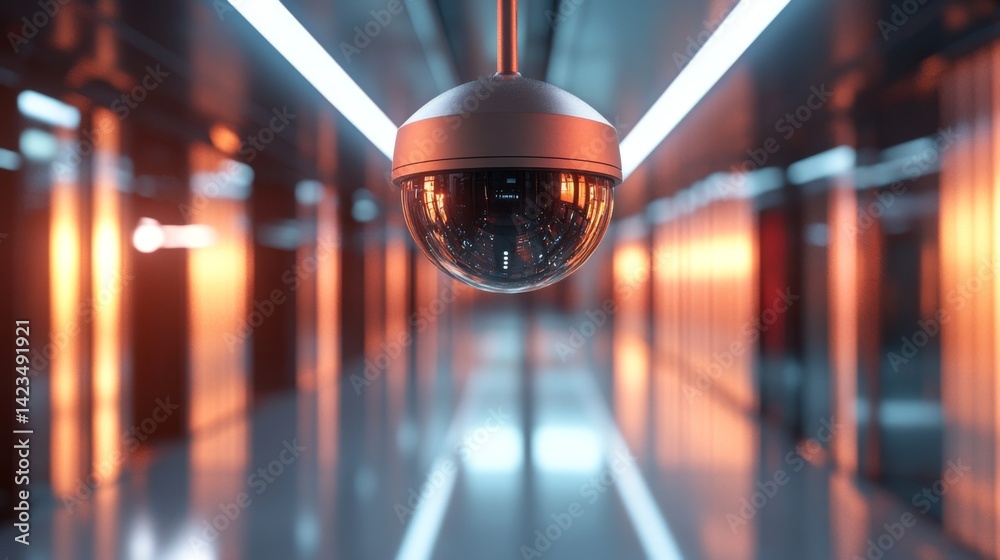 Poster a close-up of a dome-shaped security camera on a smooth metal ceiling inside a sleek, futuristic bui