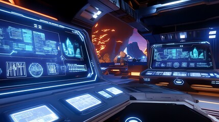 data A high tech control room with holographic screens displaying futuristic