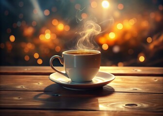 Fototapeta premium Warm Cozy Night: Hot Milk Tea in White Cup on Wooden Table