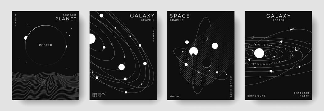 Set of abstract space astronomy backgrounds. Line art galaxy, solar system, planet, black hole. Science future concept. Cosmic minimalist design for cover, poster, layout, banner, flyer, brochure