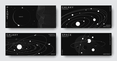 Set of abstract space astronomy horizontal backgrounds. Line art galaxy, solar system, planet, black hole. Science future concept. Cosmic minimalist design for cover, poster, banner, flyer, brochure © Anastasiya Stoma