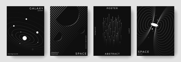 Set of abstract space astronomy backgrounds. Line art planet, galaxy, solar system, meteorite. Science future concept. Cosmic minimalist design for cover, poster, layout, banner, flyer, brochure © Anastasiya Stoma