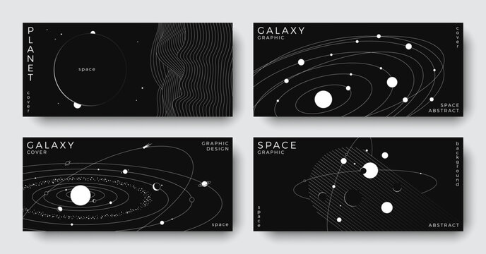 Set of abstract space astronomy horizontal backgrounds. Line art galaxy, solar system, planet, black hole. Science future concept. Cosmic minimalist design for cover, poster, banner, flyer, brochure