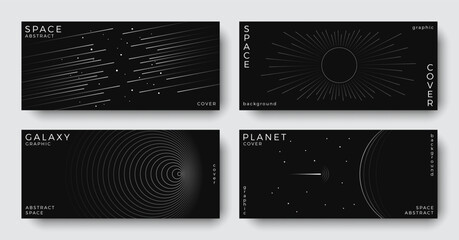 Set of abstract space astronomy horizontal backgrounds. Line art planet, galaxy, black hole, solar system, meteorite. Science future concept. Cosmic minimalist design for cover, poster, banner, flyer © Anastasiya Stoma