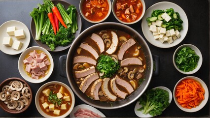 Hot Pot Feast: Preparing a Colorful and Delicious Asian-Inspired Meal with Fresh Ingredients and Savory Broth.