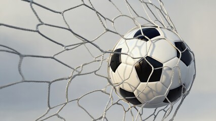 Soccer ball in net on grass field.