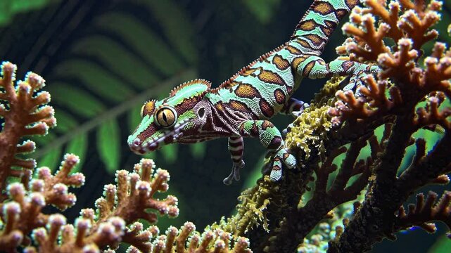 Ornate day gecko with vibrant green, brown, and orange skin slowly walks along a branch adorned with delicate coral-like growth, its large eyes observing the surrounding tropical greenery