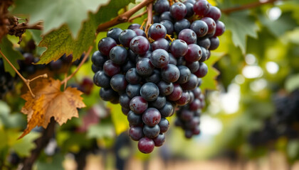 Harvesting Black Grapes Hanging on Vine at Vineyard Ready for Winemaking