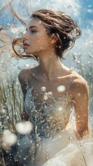 Obraz premium Ethereal underwater portrait of a woman in a delicate gown surrounded by bubbles and aquatic plants