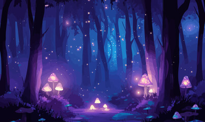 Enchanted Nighttime Forest with Glowing Mushrooms and Fireflies in Mystical Purples and Blues