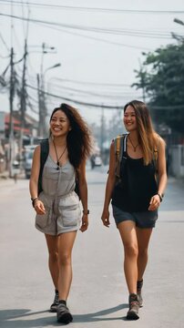 Two stunning Asian female hikers traverse the city's outdoors.