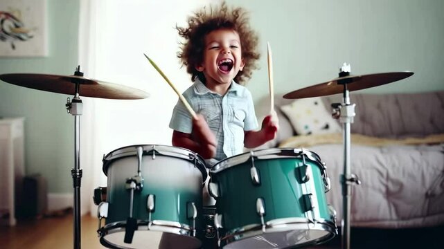 A joyful child playing drums, captured from a low-angle, showcasing excitement and energy. Perfect for a lively, fun music video concept.