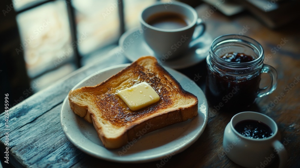 Poster a close-up of perfectly golden toast with butter melting on top, placed on a rustic wooden table alo