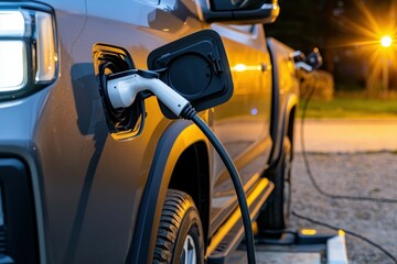 Electric pickup truck charging outdoors in a utility setting, showcasing modern eco-friendly technology.