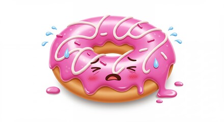 Cute sad donut cartoon illustration pink icing drizzle melted sweet treat dessert