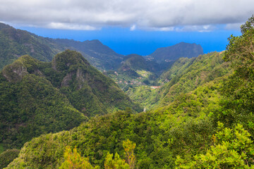 Panoramic views from Miradouro dos Balcoes viewpoint in Ribeiro Frio National park in Madeira, Portugal