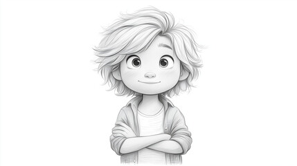 Fototapeta premium Coloring page for kids Animated child smiling confidently against a blank background 