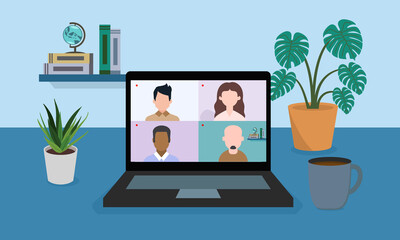 A workspace setup features a laptop displaying a video call