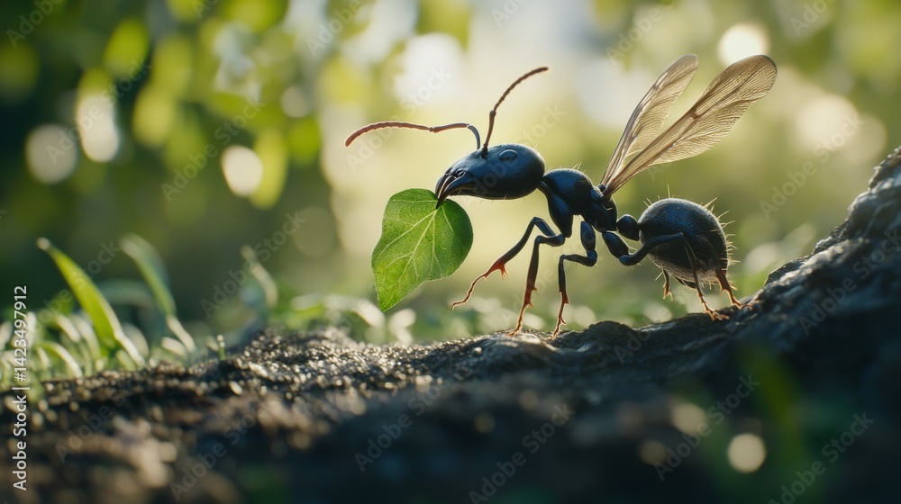 Poster a close-up view of an ant carrying a tiny leaf, showcasing its intricate body structure and details,