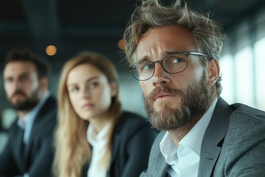 Business Team Meeting and Discussing New Ideas in Open Plan Office