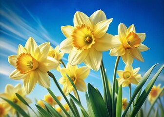 Fototapeta premium Vibrant Yellow Daffodils Blooming Under a Clear Blue Sky - Spring Flowers Stock Photo