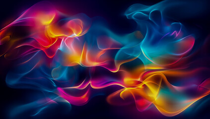 Obraz premium Abstract background featuring vibrant waves of light, flowing gradient colors, dynamic curves and lines set against a dark blue background with light bright accents and smooth transitions.