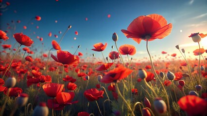 Obraz premium Vibrant Red Poppies Blooming in a Sunlit Field Under a Clear Blue Sky - Stunning Summer Nature Photography