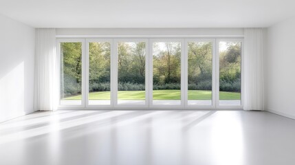 Obraz premium Bright, empty room with large windows showcasing a tranquil garden