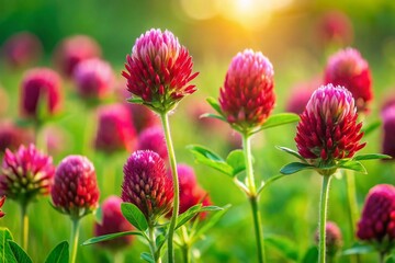Obraz premium Vibrant Red Clover Blossoms in Lush Green Meadow - Panoramic Nature Photography
