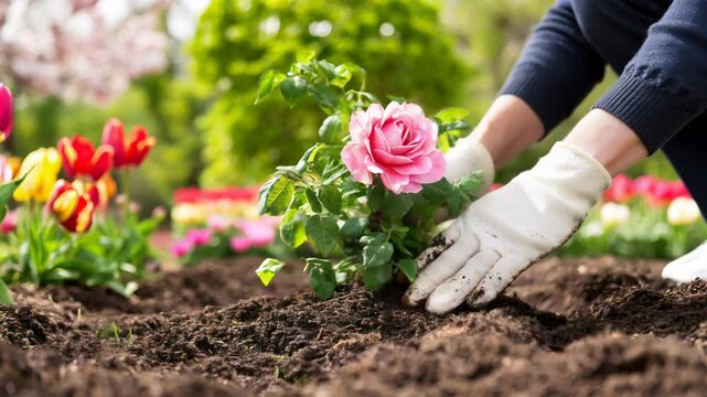 A gardener's hand plants a lush pink rose bush in rich soil, with petals aglow in gentle sunlight, framed by blooming magnolia tree and vibrant tulip