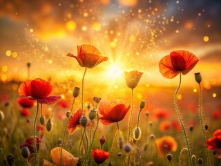 Fototapeta premium Vibrant Poppy Field Wallpaper: Stunning Bokeh Effect Sunset Sky