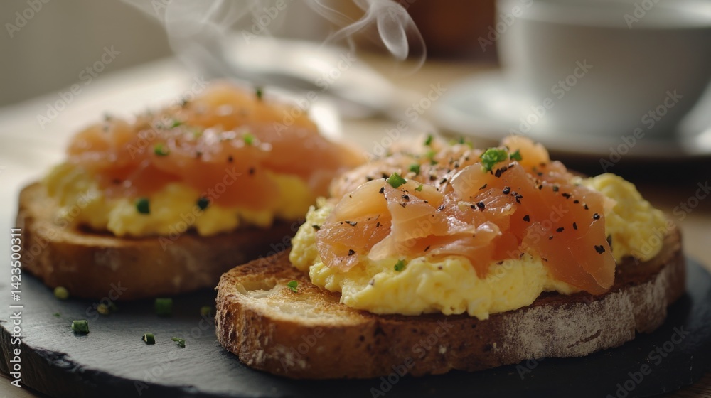 Poster a cozy breakfast scene featuring two slices of toasted bread topped with scrambled eggs and smoked s