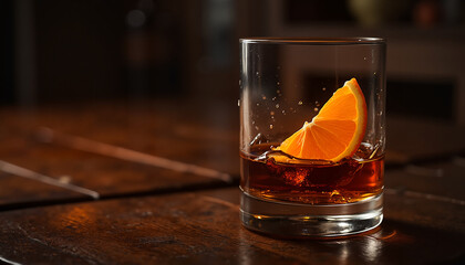 Whiskey with Orange Slice in Glass on Wooden Table  