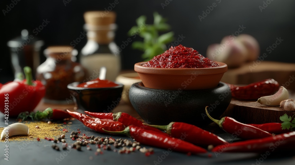 Poster a creative composition of various types of chilies displayed alongside sauces and condiments, showca