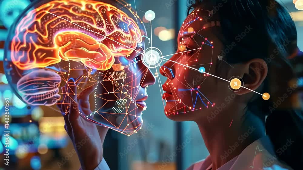Poster exploring the connection between human emotion and artificial intelligence in a futuristic setting g