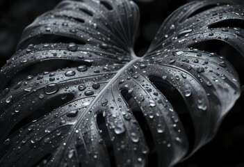 Fototapeta premium Monochrome monstera leaf with glistening water droplets close up beauty