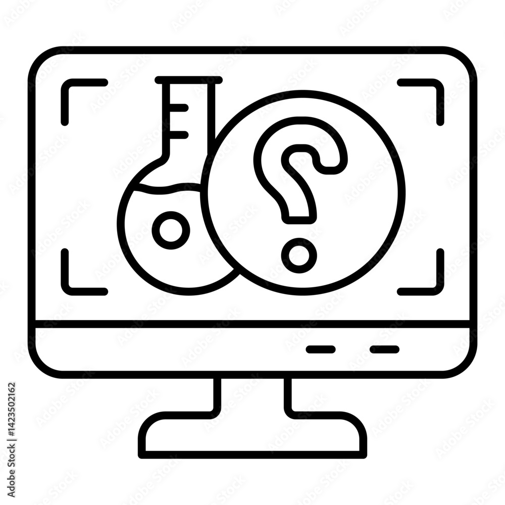 Poster monitor screen with mark and flask thin line icon, clinical research concept. vector graphics. displ