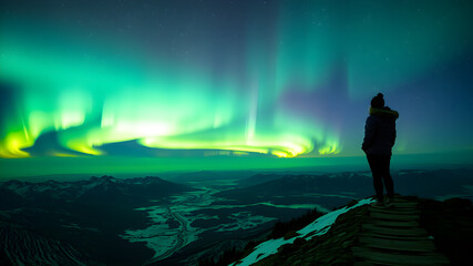 Northern lights and woman on mountain peak at night. Aurora borealis and silhouette of alone girl on mountain trail. Landscape with polar lights. Sky with stars and bright aurora. Generative AI
