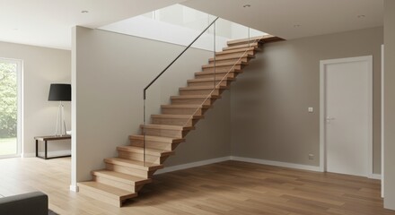 Modern Floating Staircase with Wooden Treads and Glass Balustrade